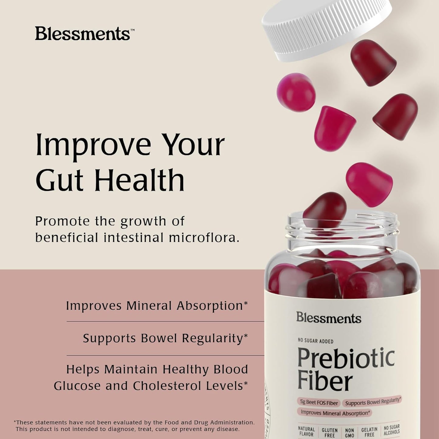 High Fiber Blessments Prebiotic Gummies for Adults & Kids - 5g (60 Count) Vegan & Keto Friendly Supplement for Digestive Health - No Added Sugar