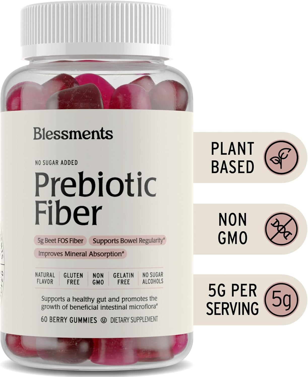 High Fiber Blessments Prebiotic Gummies for Adults & Kids - 5g (60 Count) Vegan & Keto Friendly Supplement for Digestive Health - No Added Sugar