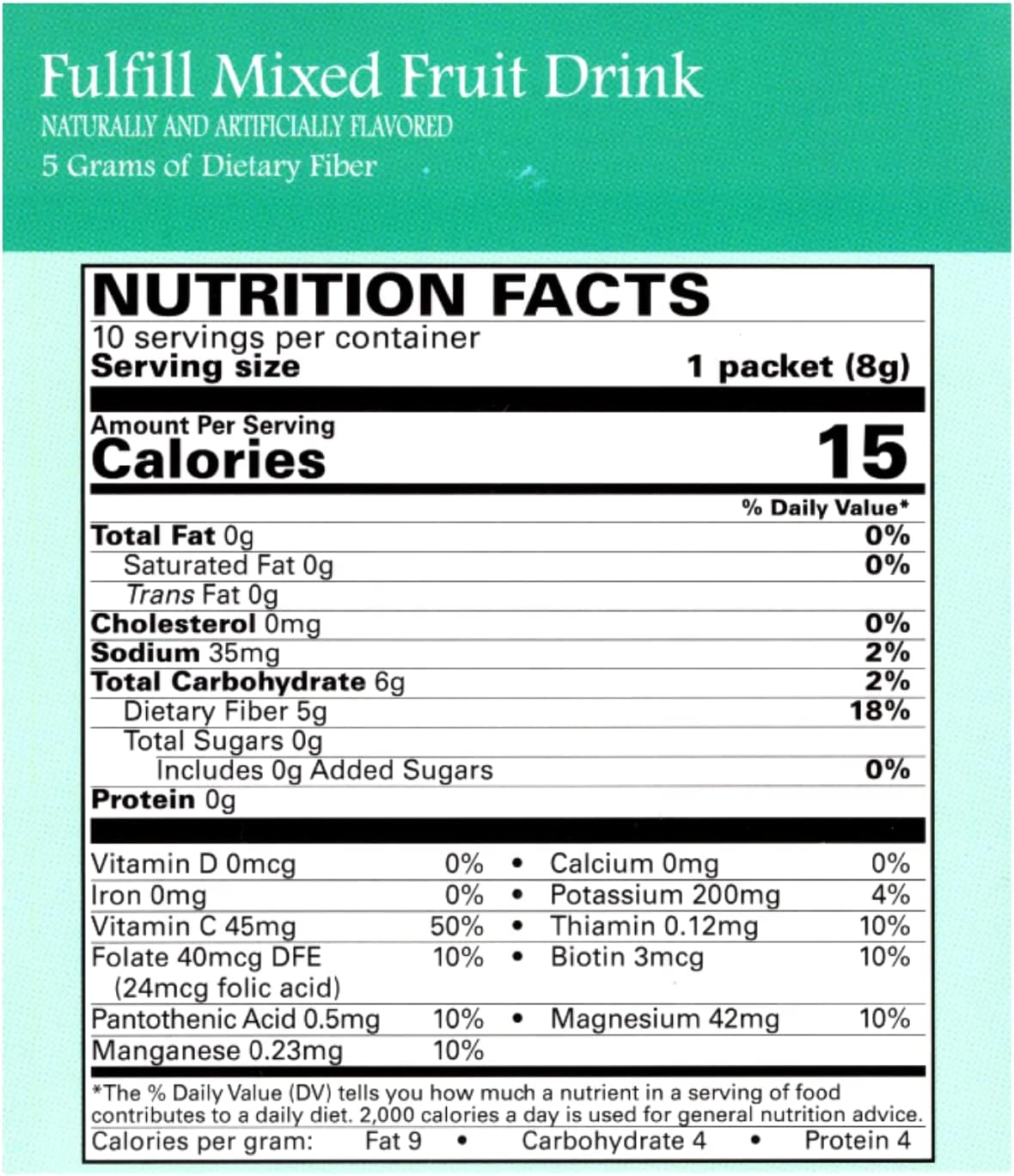 High Fiber Drink Mix with Natural Flavors, Low Calorie, Fat Free, Sugar Free - Ideal Protein Compatible - 10 Servings (Mixed Fruit)