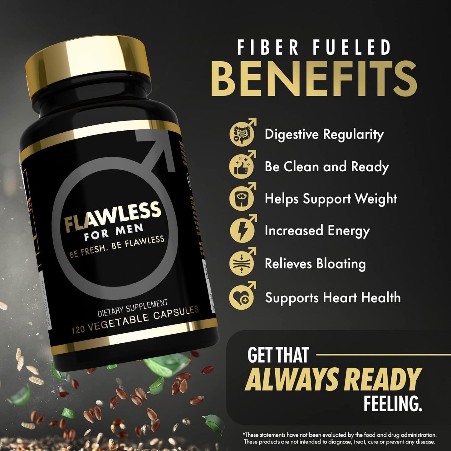 High Fiber Men's Supplement - 120 Capsules, 3000mg Blend of Psyllium Husk, Aloe Vera, Chia Seed, and Flaxseed Powder for Gut Health and Regularity - Flawless for Men USA