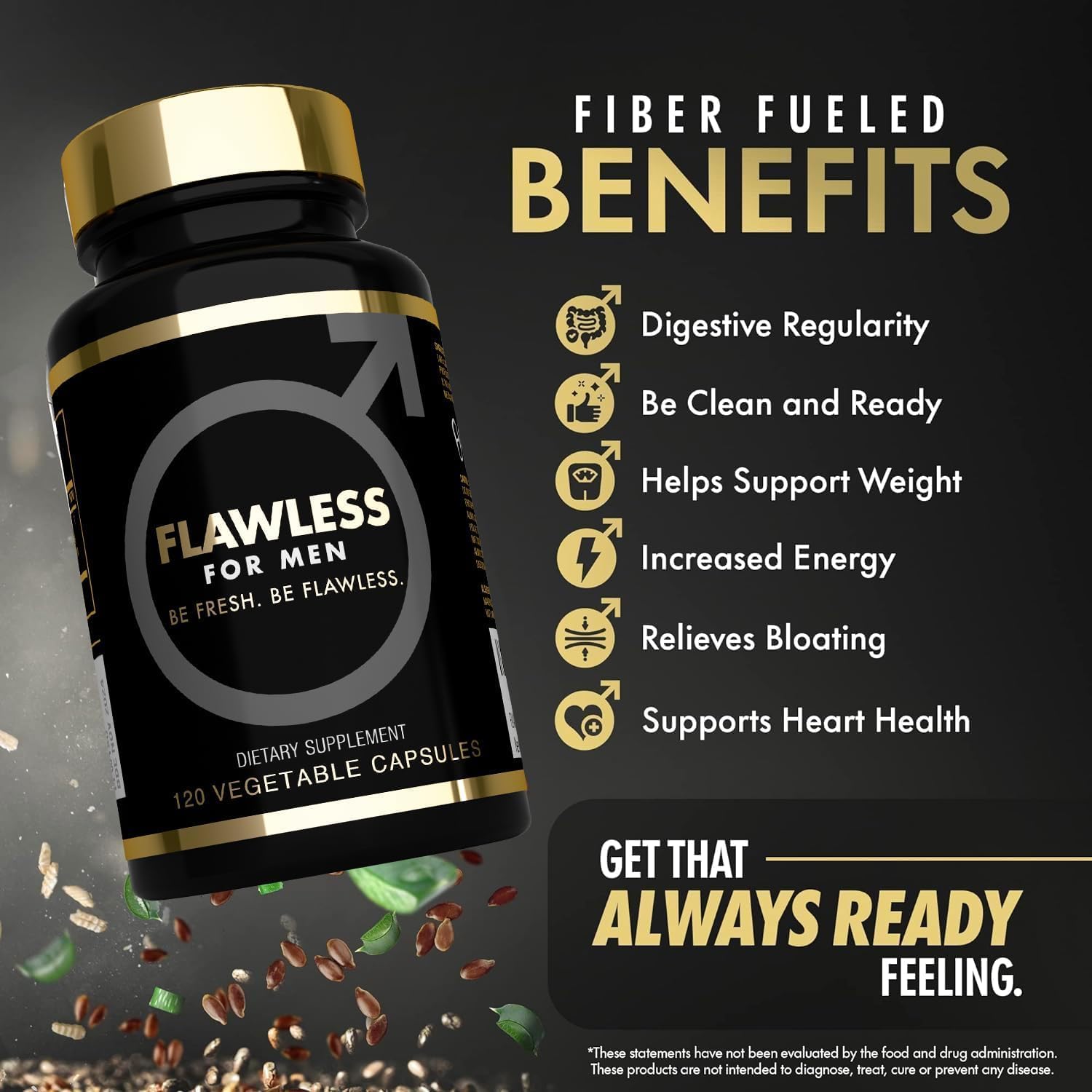 High Fiber Men's Supplement - 120 Capsules, 3000mg Blend of Psyllium Husk, Aloe Vera, Chia Seed, and Flaxseed Powder for Gut Health and Regularity - Flawless for Men USA
