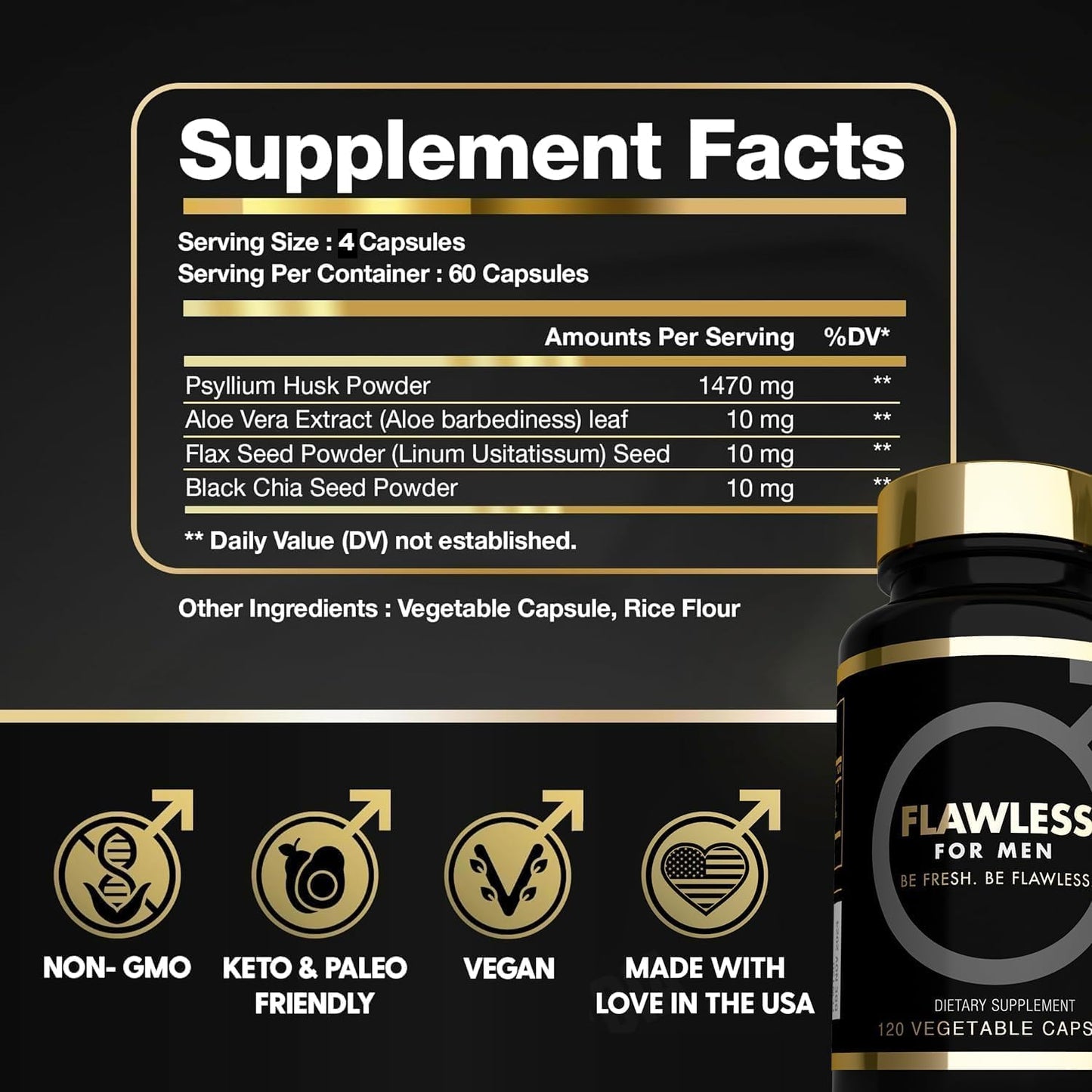 High Fiber Men's Supplement - 120 Capsules, 3000mg Blend of Psyllium Husk, Aloe Vera, Chia Seed, and Flaxseed Powder for Gut Health and Regularity - Flawless for Men USA