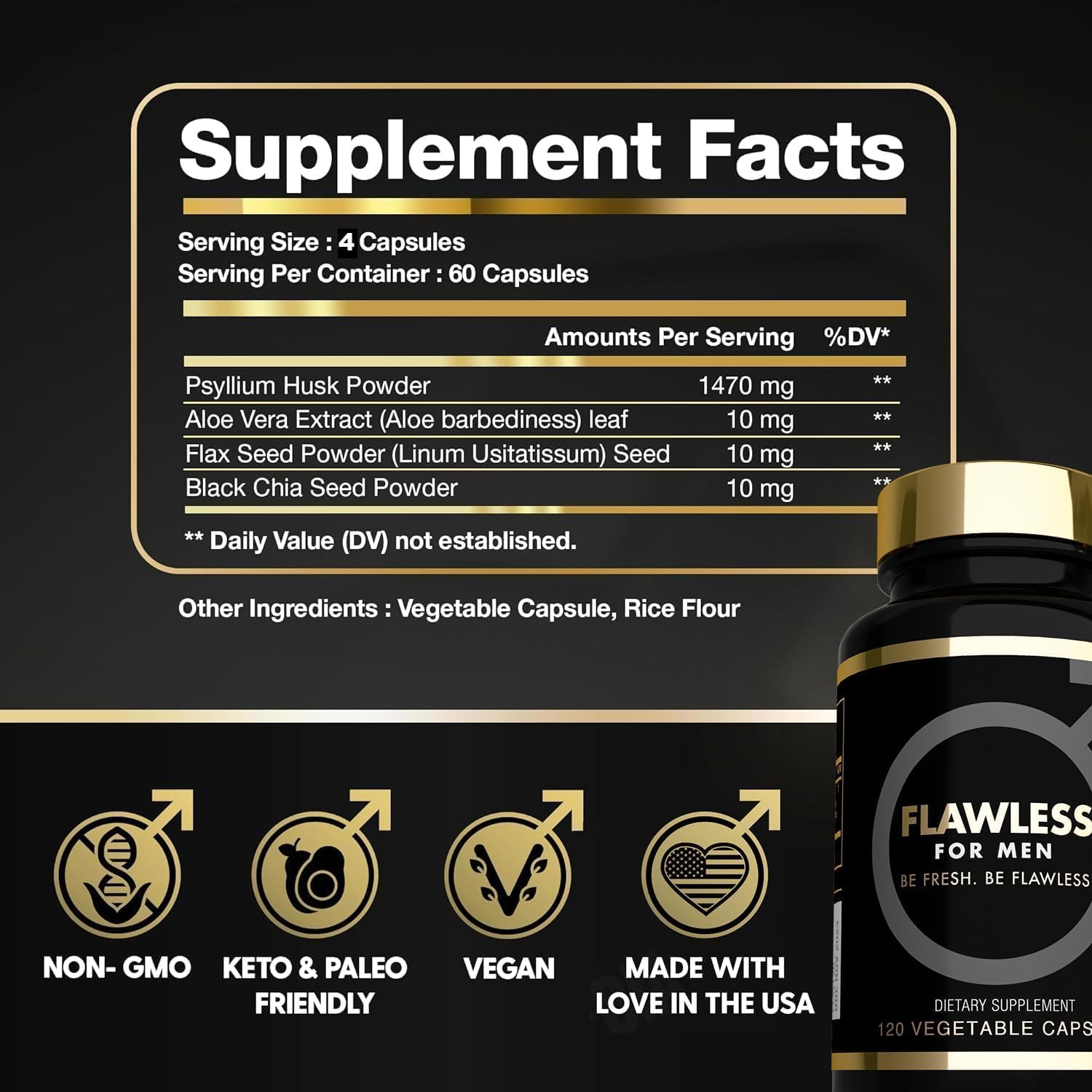 High Fiber Men's Supplement - 120 Capsules, 3000mg Blend of Psyllium Husk, Aloe Vera, Chia Seed, and Flaxseed Powder for Gut Health and Regularity - Flawless for Men USA