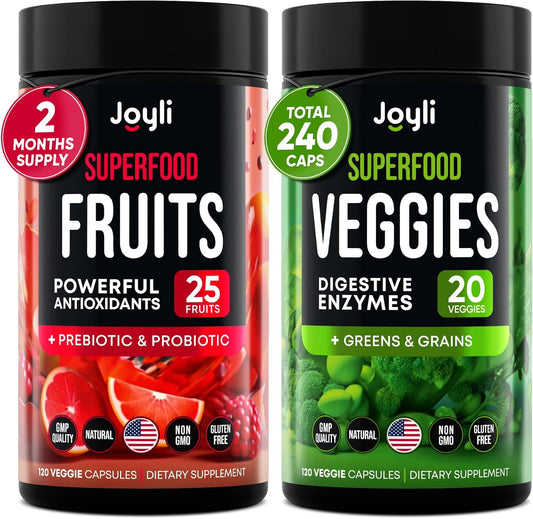 High Fiber Superfood Supplement for Immunity, Gut Health & Energy - JOYLI Nutrition Fruits and Veggies Capsules with Marshmallow Root - 240 Super Reds & Greens Powder Capsules