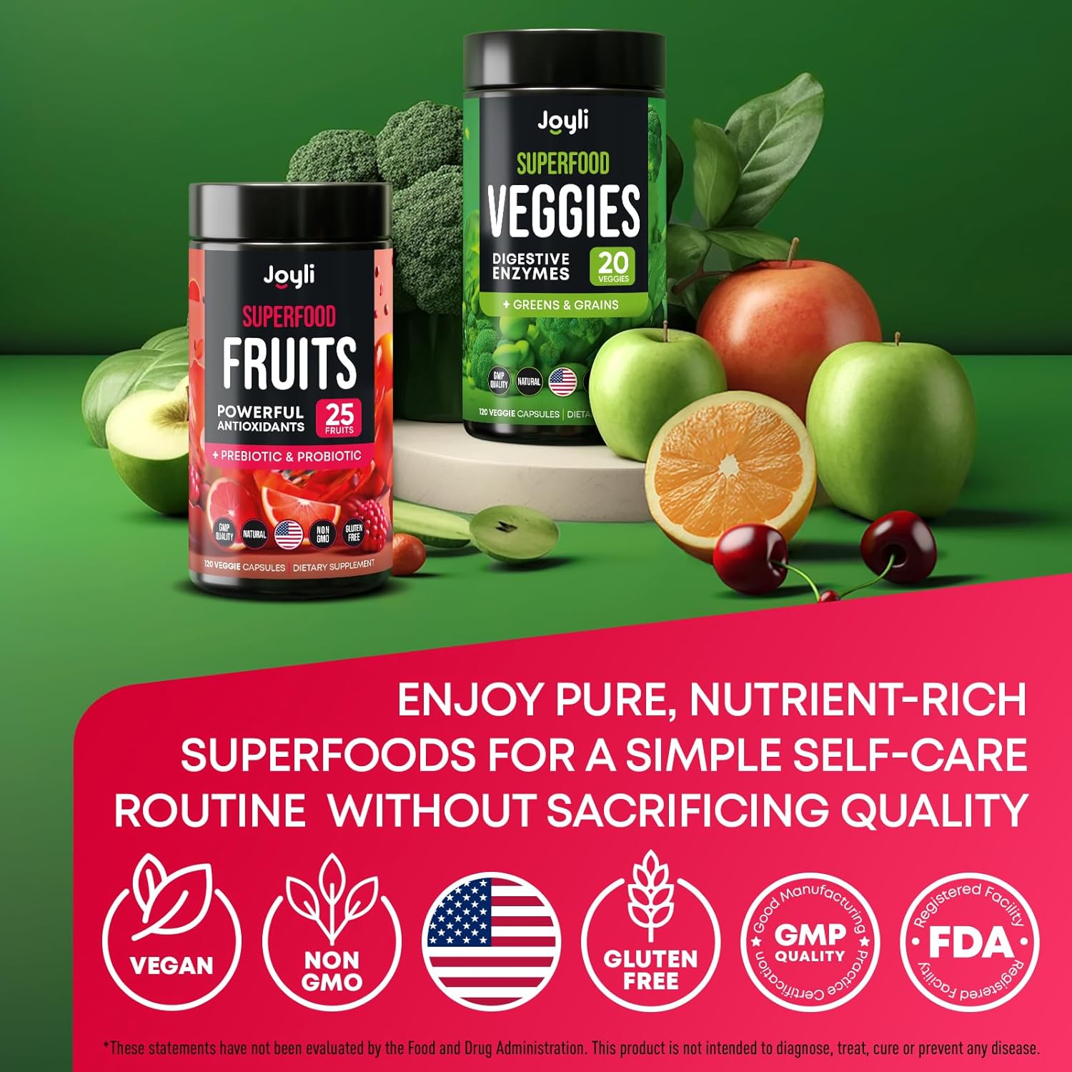 High Fiber Superfood Supplement for Immunity, Gut Health & Energy - JOYLI Nutrition Fruits and Veggies Capsules with Marshmallow Root - 240 Super Reds & Greens Powder Capsules