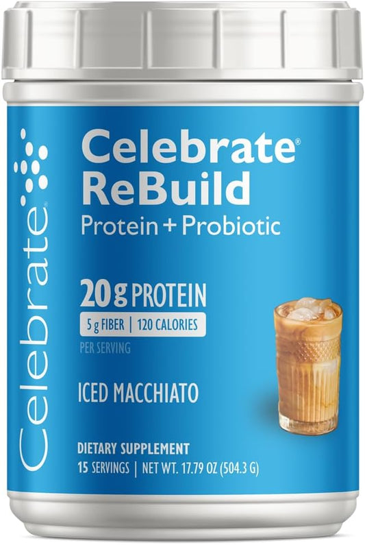 High-Fiber Whey Isolate Protein Powder with Probiotics & Prebiotics - Iced Macchiato Flavor for Post Bariatric Surgery - 20g Protein (15 Servings)