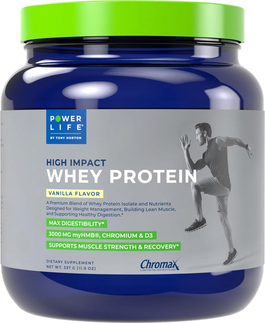 High Impact Grass Fed Whey Protein by POWERLIFE Tony Horton - 3000 MG HMB, No Sugar Added, Non-GMO, Hormone & Antibiotic Free - 15 Servings - Vanilla Flavor