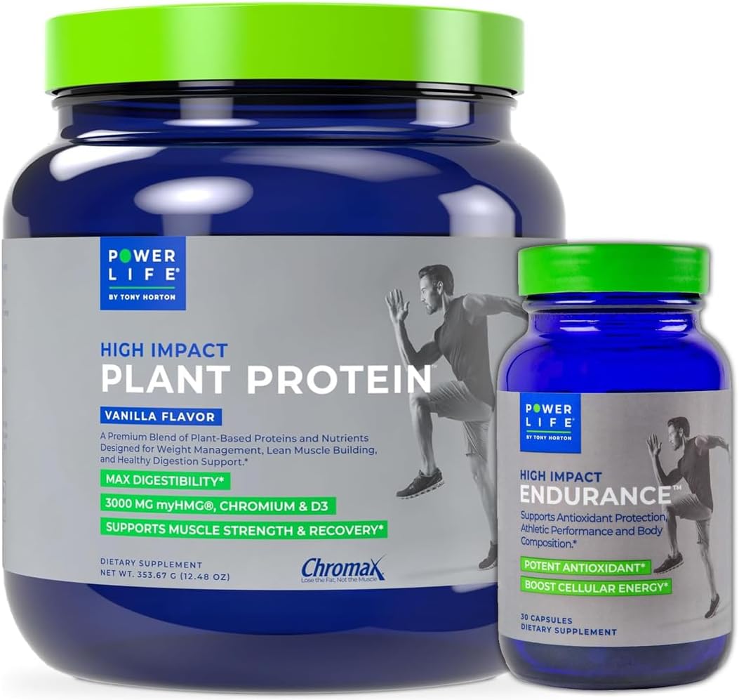 High Impact Plant Protein by POWERLIFE Tony Horton - Vanilla (New Formula) with 3000 MG HMB, Sugar-Free, Non-GMO for High Impact Endurance