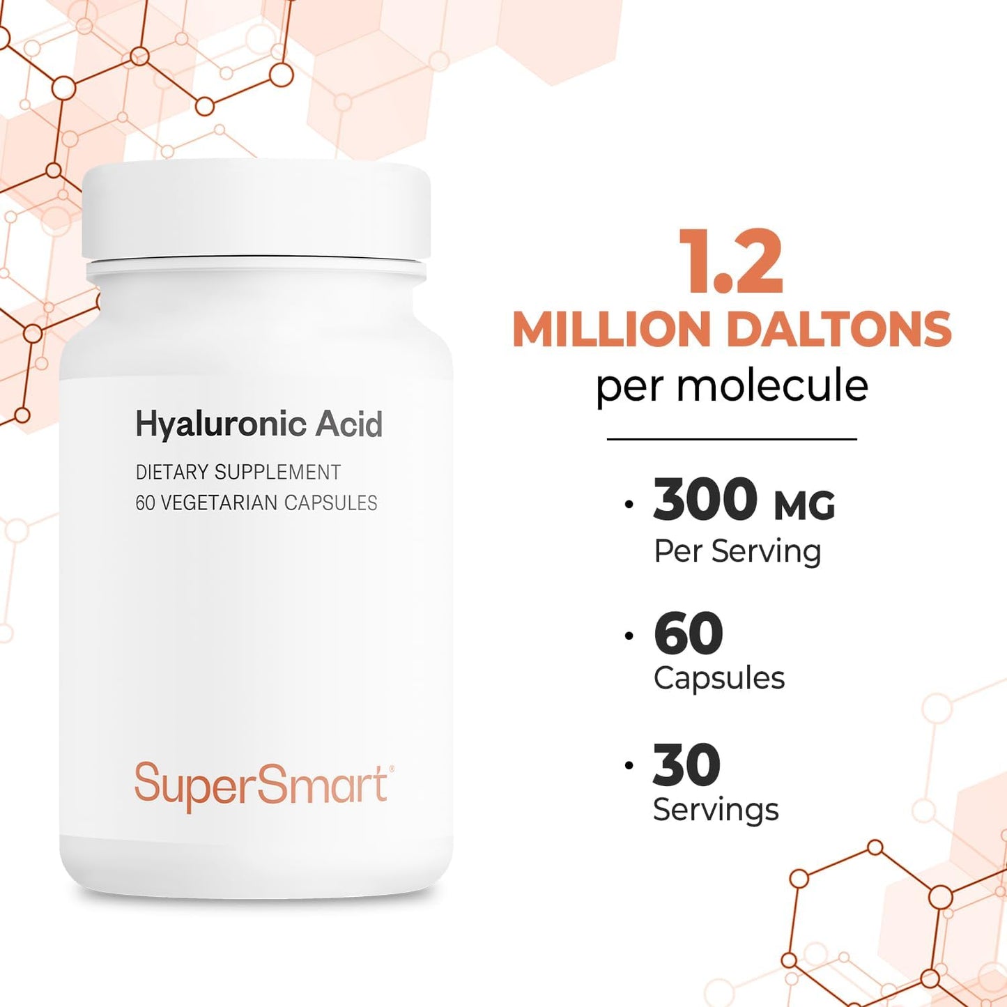 High Molecular Weight Hyaluronic Acid Supplement - 300mg Daily (Sodium Hyaluronate) - Non-GMO, Gluten Free - 60 Capsules