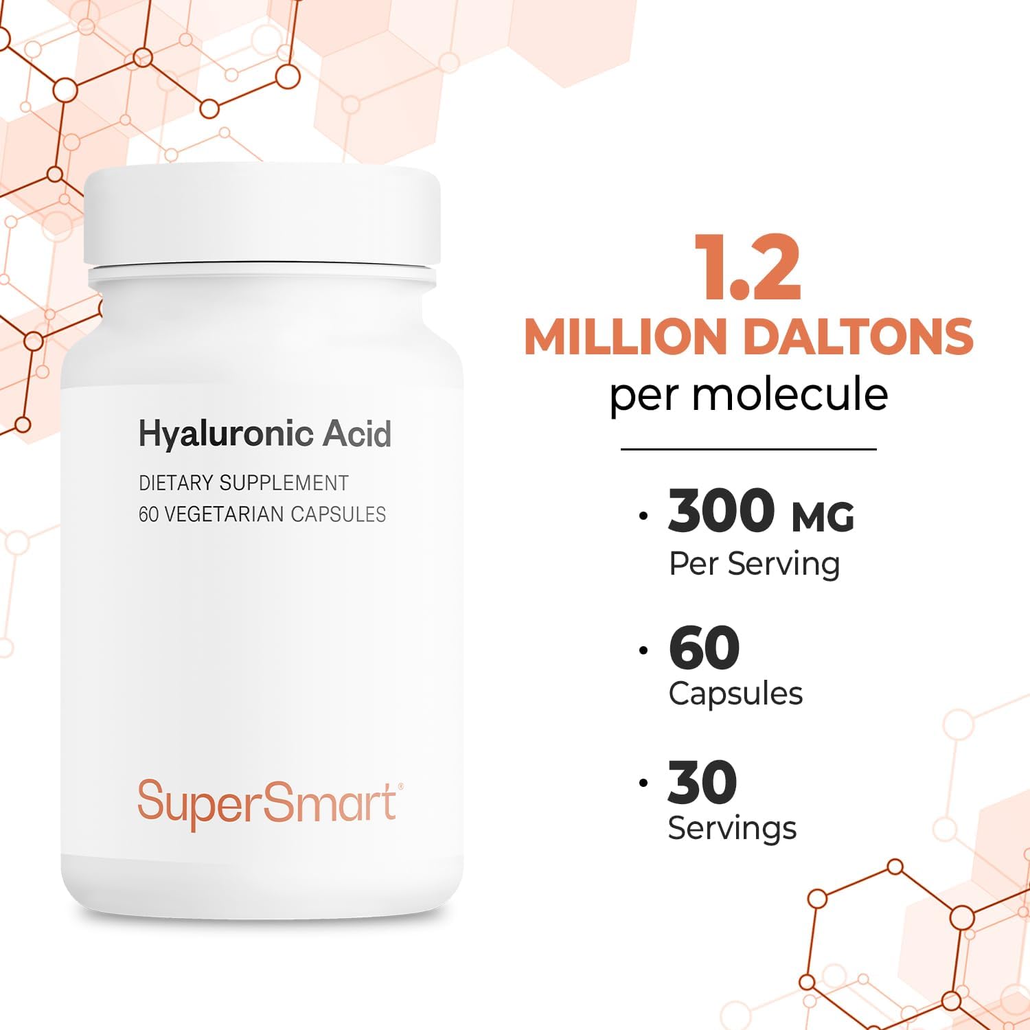 High Molecular Weight Hyaluronic Acid Supplement - 300mg Daily (Sodium Hyaluronate) - Non-GMO, Gluten Free - 60 Capsules