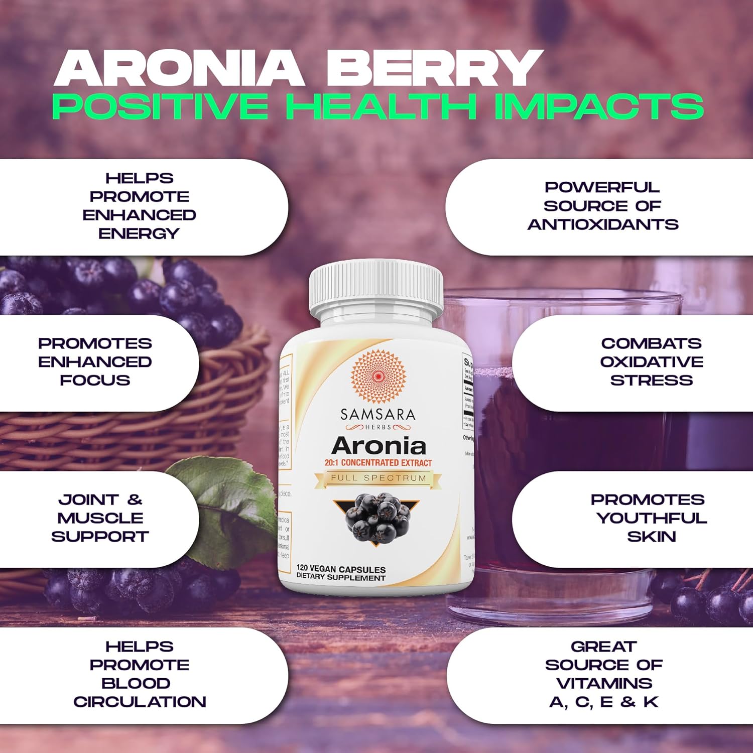High ORAC Aronia Berry Extract Capsules - Antioxidant Polyphenols Supplement - Native American Superfood for Wellbeing - 120x500mg