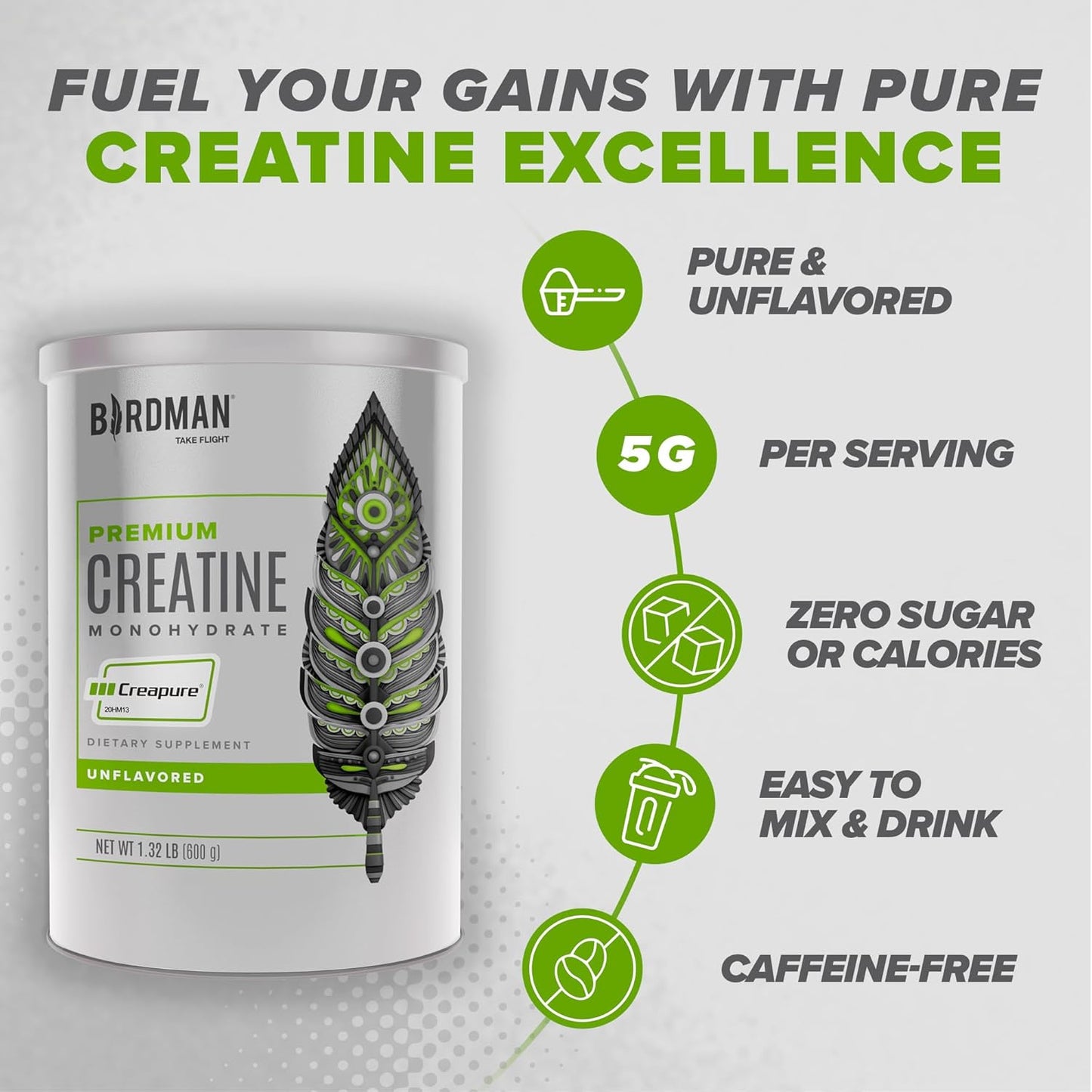 High Performance BIRDMAN High-Purity Unflavored Creatine Monohydrate Powder for Pre-Workout - 300g