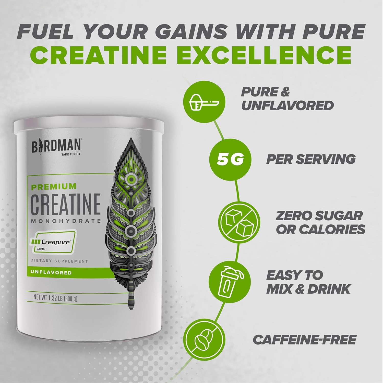 High Performance BIRDMAN High-Purity Unflavored Creatine Monohydrate Powder for Pre-Workout - 300g