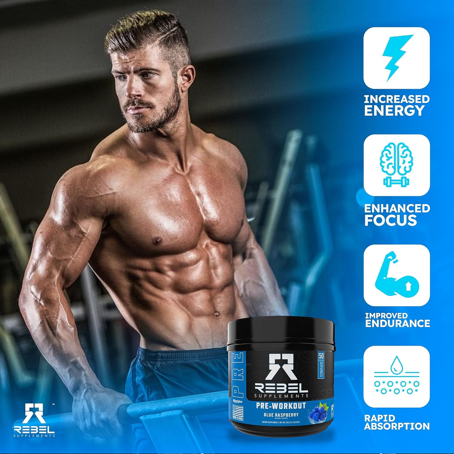 High-Performance Blue Razz Pre Workout Supplement for Intense Energy and Focus with L-Citrulline, Beta Alanine, Nitrosigine, and Caffeine - 50 Servings