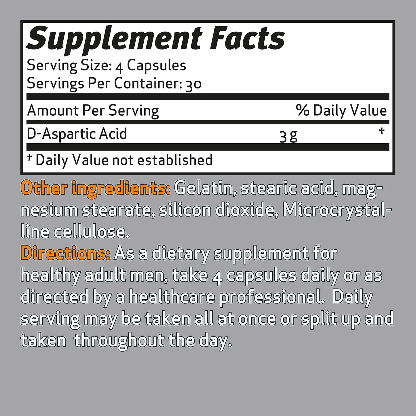 High Performance DAA D-Aspartic Acid Supplement, 3g Daily, 30 Day Supply - 120 Capsules