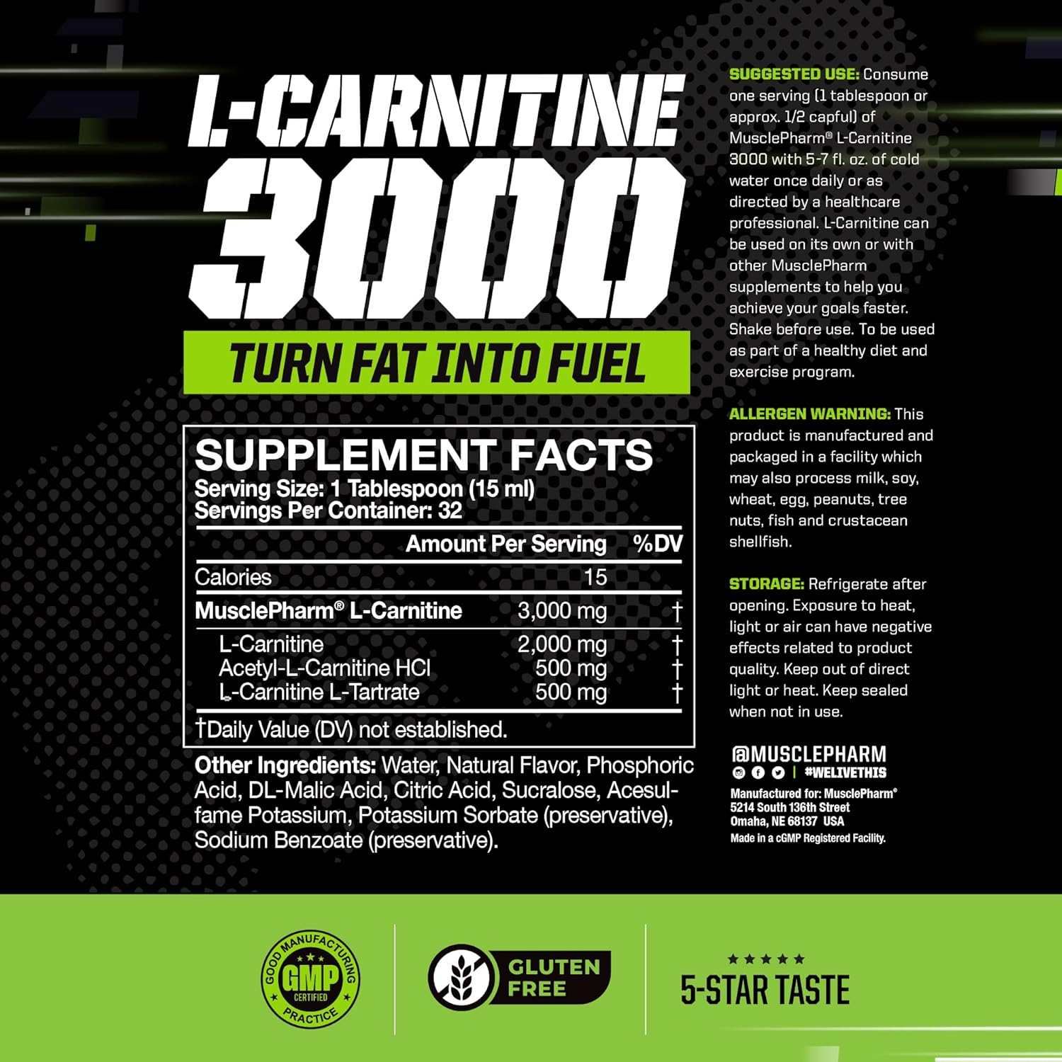 High-Performance Muscle Pharm L-Carnitine 3000 Liquid Supplement, Peach Nectarine Flavor, Supports Metabolism & Energy, Zero Sugar - 32 Servings