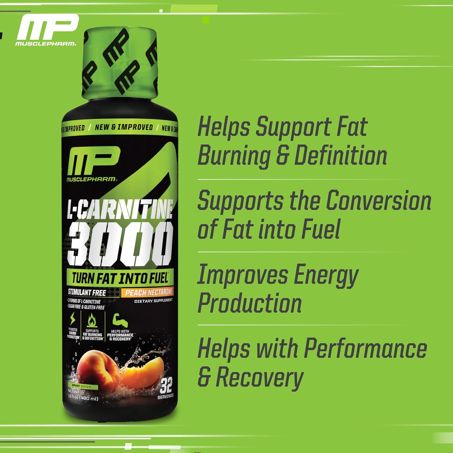 High-Performance Muscle Pharm L-Carnitine 3000 Liquid Supplement, Peach Nectarine Flavor, Supports Metabolism & Energy, Zero Sugar - 32 Servings