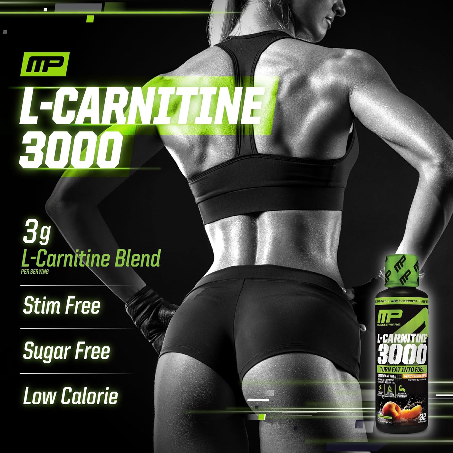High-Performance Muscle Pharm L-Carnitine 3000 Liquid Supplement, Peach Nectarine Flavor, Supports Metabolism & Energy, Zero Sugar - 32 Servings