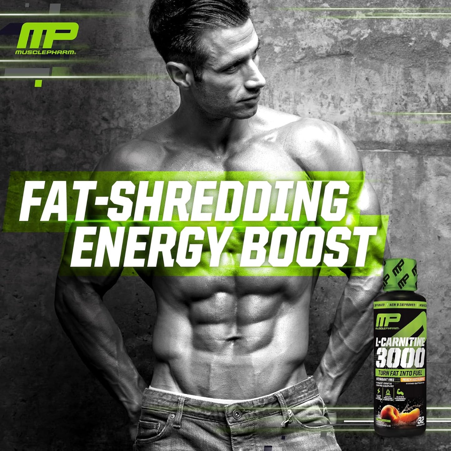 High-Performance Muscle Pharm L-Carnitine 3000 Liquid Supplement, Peach Nectarine Flavor, Supports Metabolism & Energy, Zero Sugar - 32 Servings