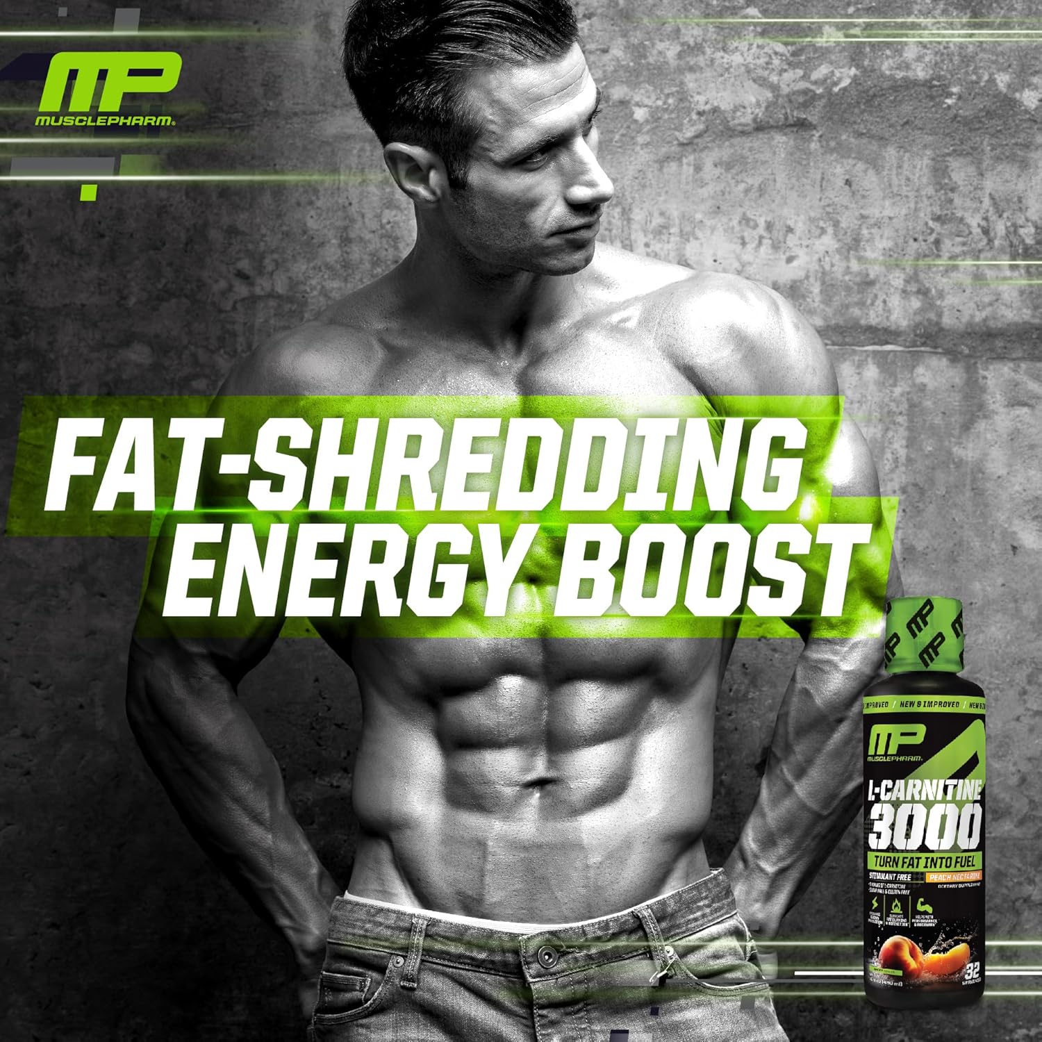 High-Performance Muscle Pharm L-Carnitine 3000 Liquid Supplement, Peach Nectarine Flavor, Supports Metabolism & Energy, Zero Sugar - 32 Servings