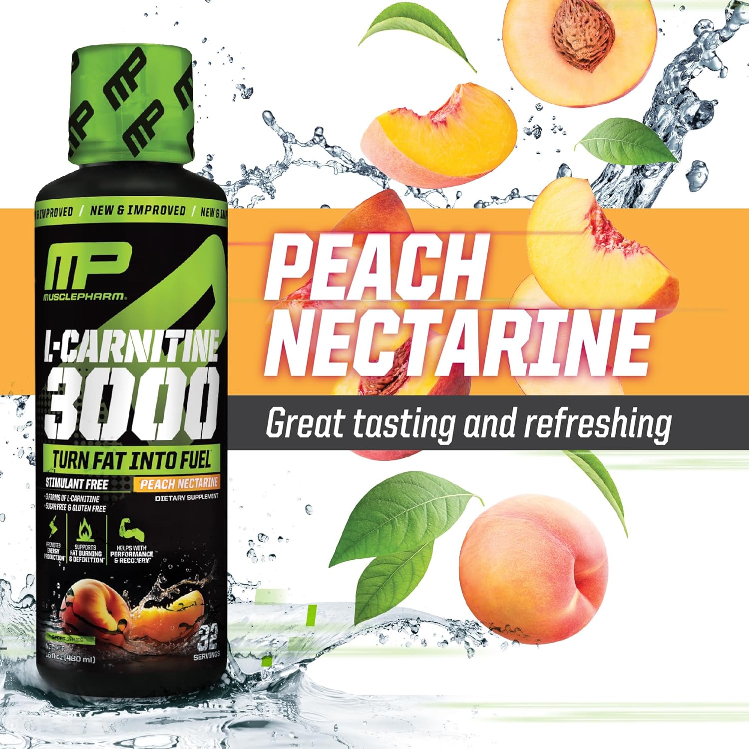 High-Performance Muscle Pharm L-Carnitine 3000 Liquid Supplement, Peach Nectarine Flavor, Supports Metabolism & Energy, Zero Sugar - 32 Servings