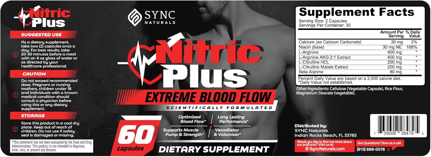 High Performance Nitric Oxide Supplement with L-Arginine and L-Citrulline - 800mg/400mg - 60 Capsules - Niacin for Workouts - Men and Women