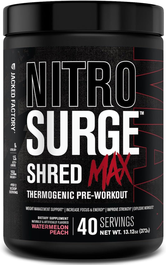 High-Performance Thermogenic Pre Workout Powder for Men and Women - Jacked Factory Nitrosurge Shred Max Preworkout with L Citrulline, Acetyl L Carnitine, Organic Caffeine - 40 Servings, Watermelon Peach Flavor