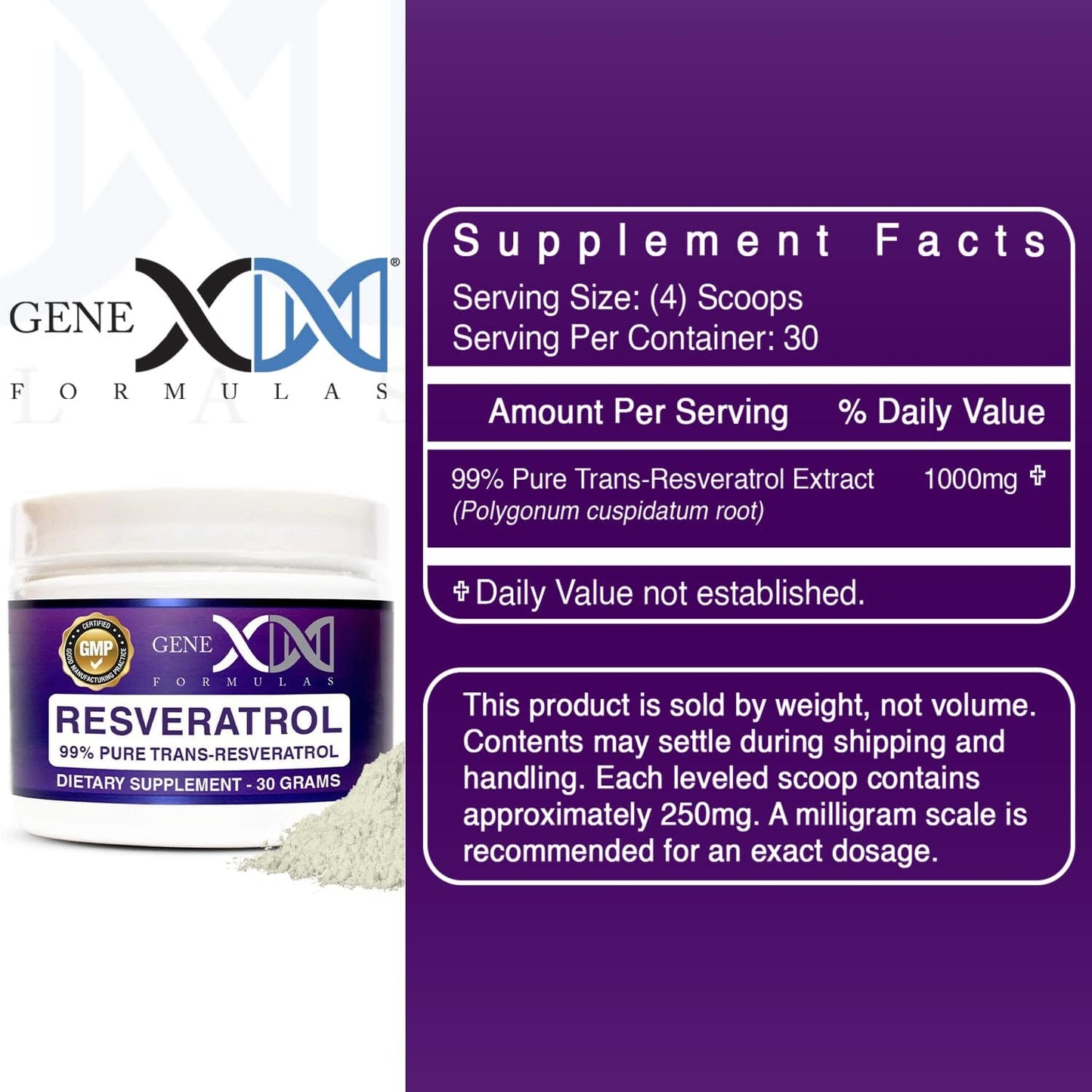 High Potency 1000mg Trans-Resveratrol Powder - 30 Servings - Pharmaceutical Grade - GMP & NSF Certified