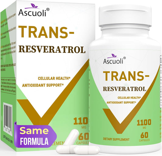 High-Potency 1100mg Trans-Resveratrol Supplement - Organic Anti-Aging & Antioxidant Formula for Skin Health, Energy, and Immunity - 60 Capsules
