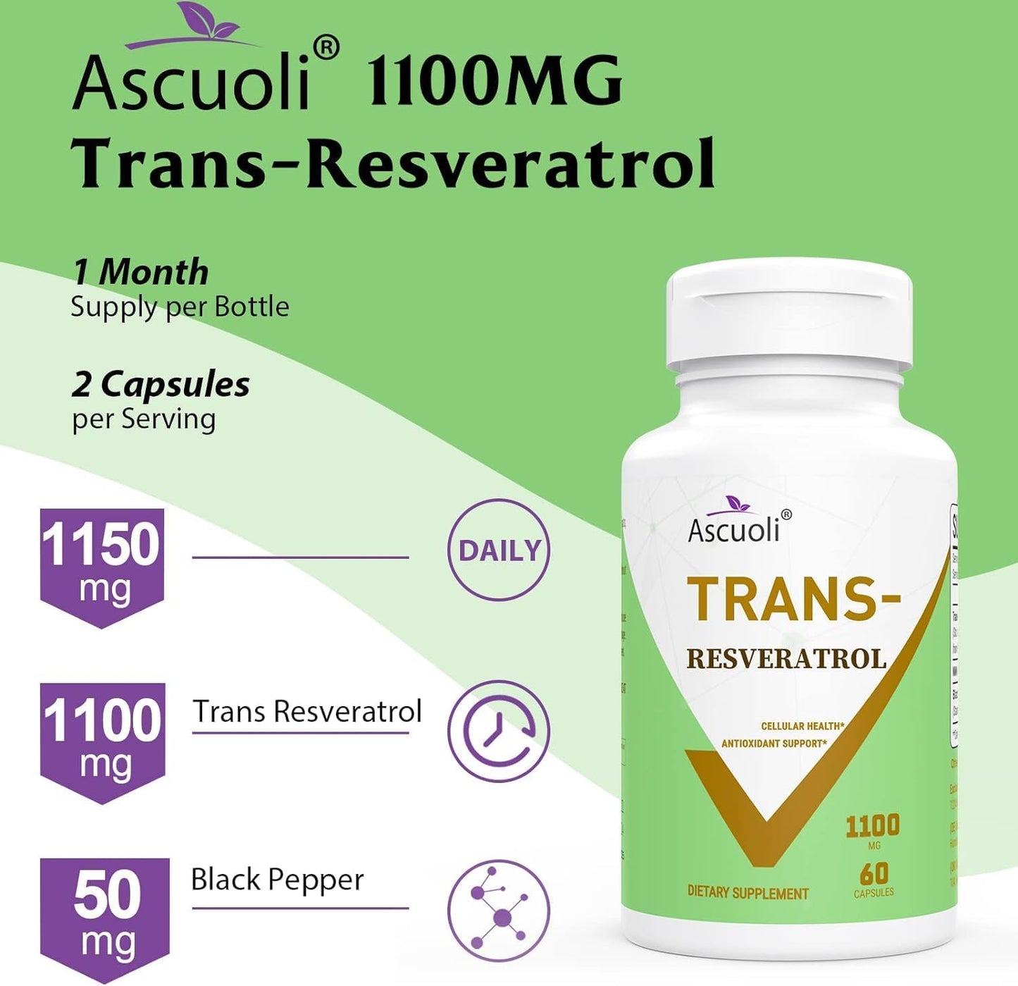High-Potency 1100mg Trans-Resveratrol Supplement - Organic Anti-Aging & Antioxidant Formula for Skin Health, Energy, and Immunity - 60 Capsules