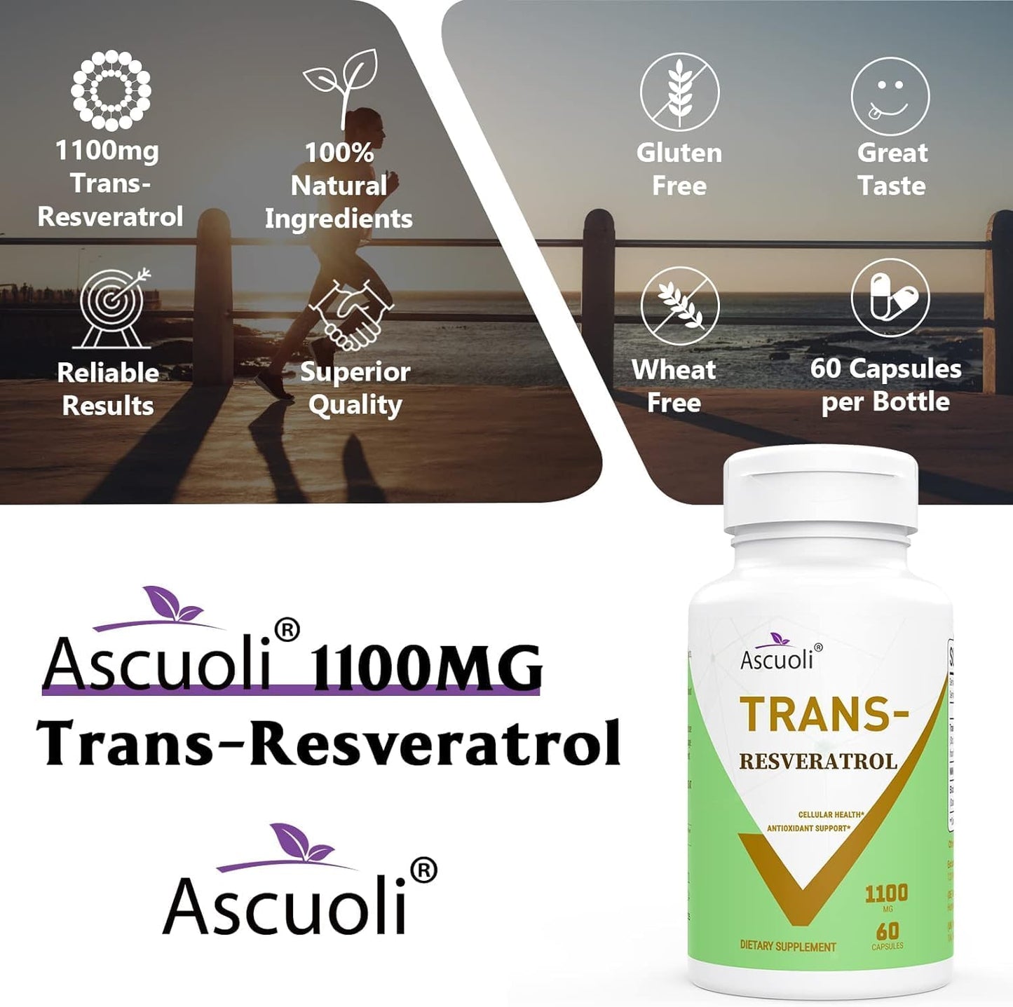 High-Potency 1100mg Trans-Resveratrol Supplement - Organic Anti-Aging & Antioxidant Formula for Skin Health, Energy, and Immunity - 60 Capsules