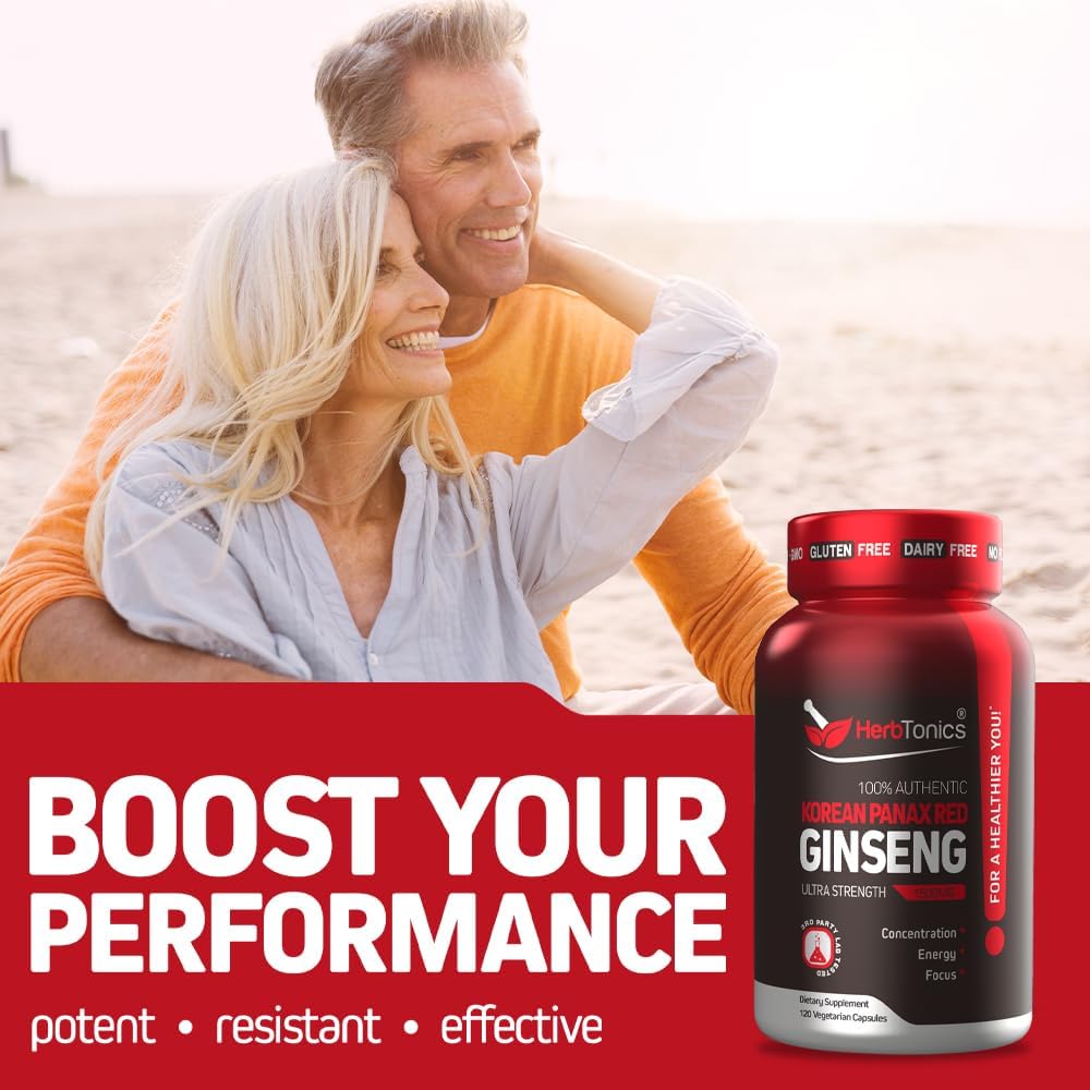 High Potency 1500mg Korean Red Panax Ginseng Capsules for Energy, Performance, and Immune Support - Focus and Vitality Supplement for Men and Women - 240 Capsules by Herbtonics