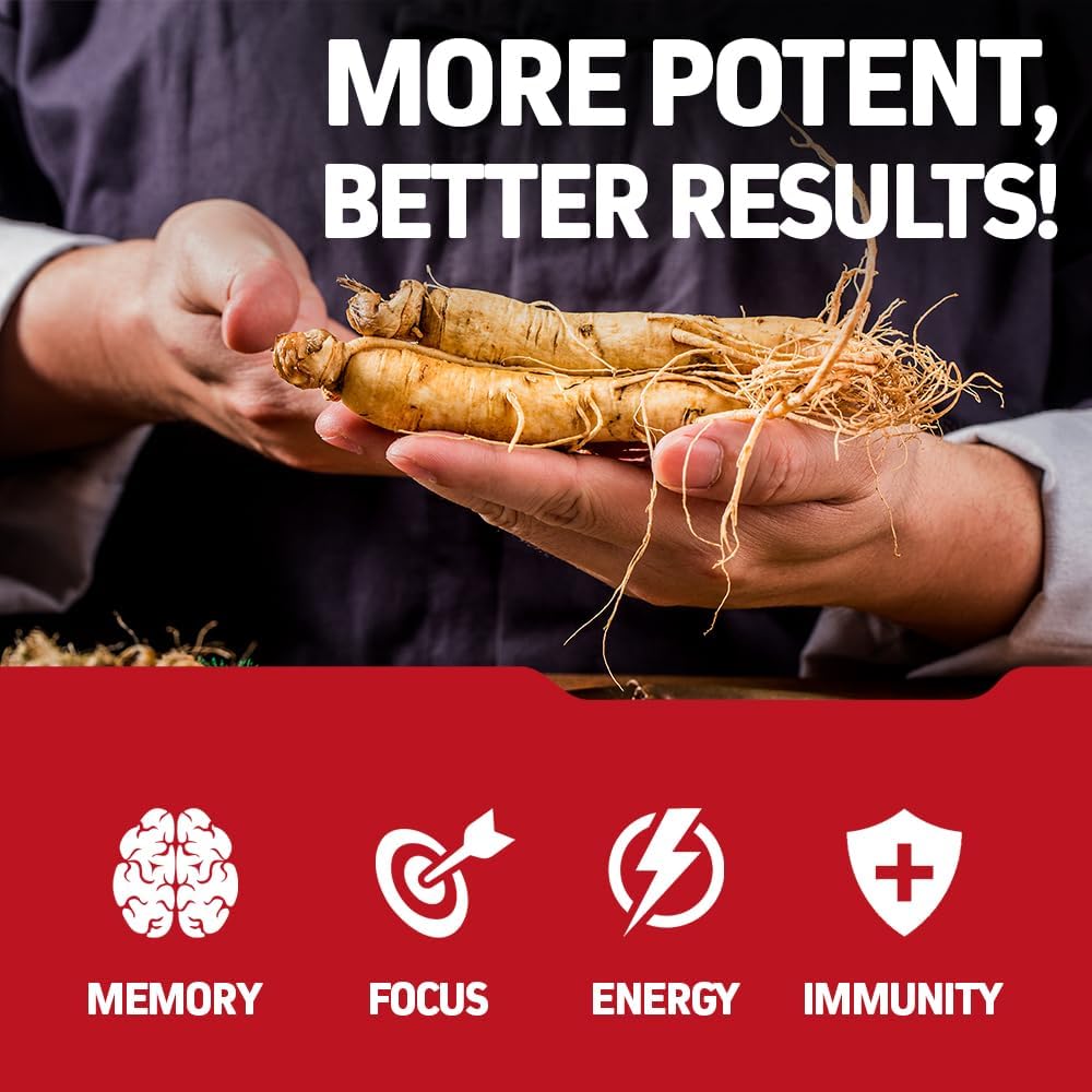 High Potency 1500mg Korean Red Panax Ginseng Capsules for Energy, Performance, and Immune Support - Focus and Vitality Supplement for Men and Women - 240 Capsules by Herbtonics