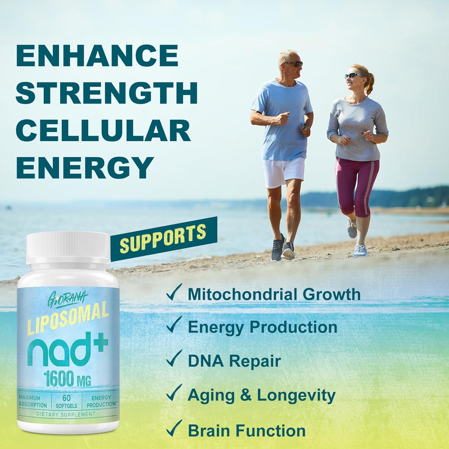High Potency 1600 MG Liposomal NAD+ Supplement for Energy, Longevity & Aging Defense - 60 Softgels