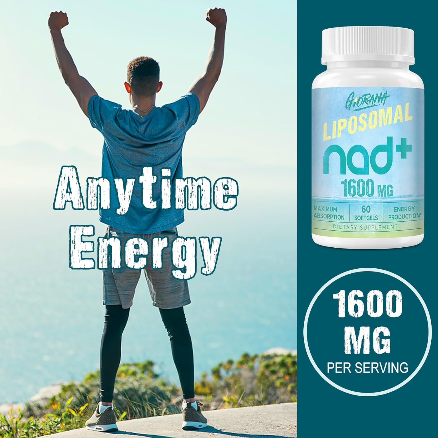 High Potency 1600 MG Liposomal NAD+ Supplement for Energy, Longevity & Aging Defense - 60 Softgels