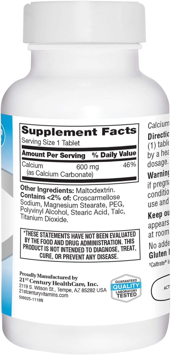 High Potency 21st Century Calcium Supplement, 600 Mg, 200 Count Bottle for Stronger Bones and Health
