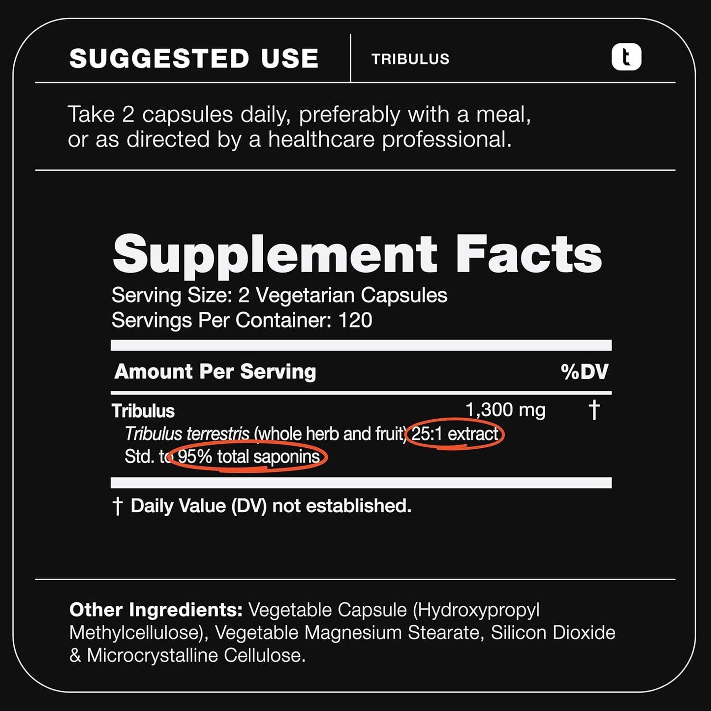 High Potency 25:1 Tribulus Terrestris Extract for Men - 1300mg Formula - 95% Saponins - 240 Capsules - Third-Party Tested