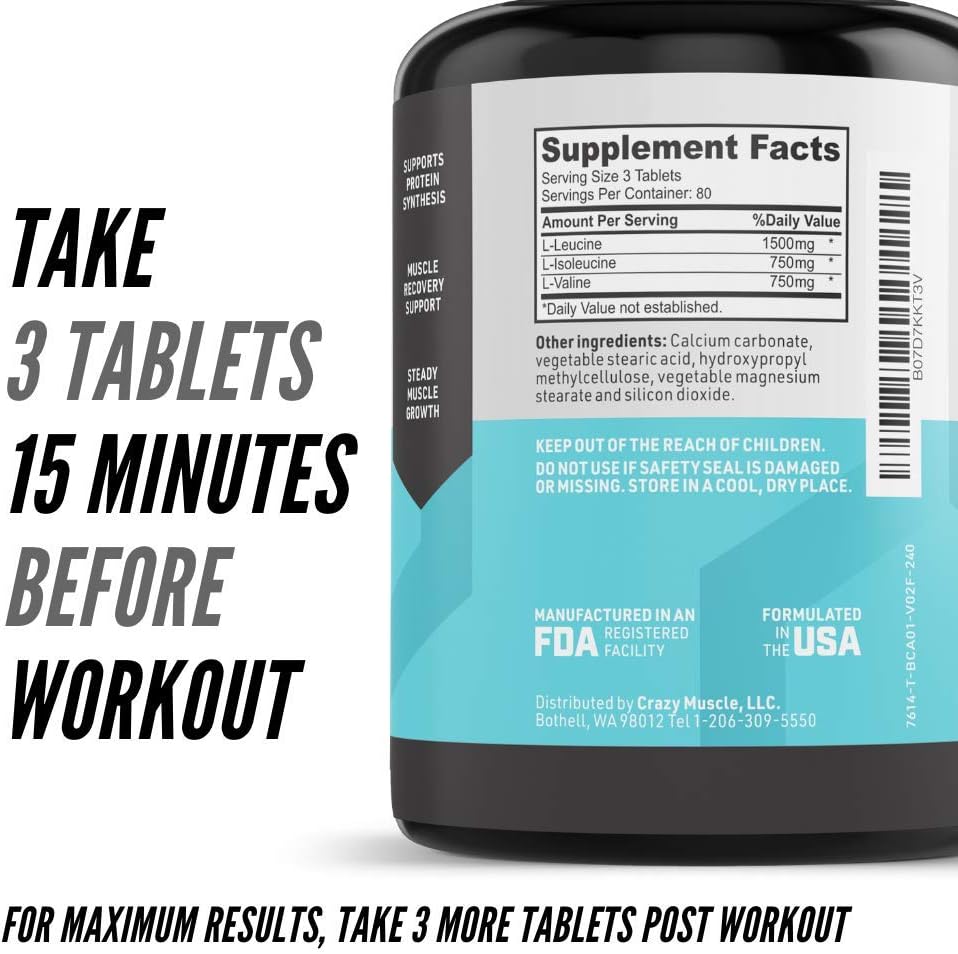High-Potency 3000mg BCAA Pills (2 Month Supply) with 2:1:1 Ratio for Recovery and Growth - 240 Tablets