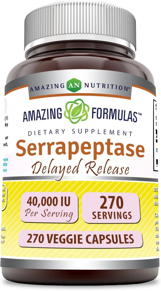 High Potency 40,000 IU Serrapeptase Supplement | Veggie Capsules | Non-GMO & Gluten Free | Made in USA (270 Count) by Amazing Nutrition