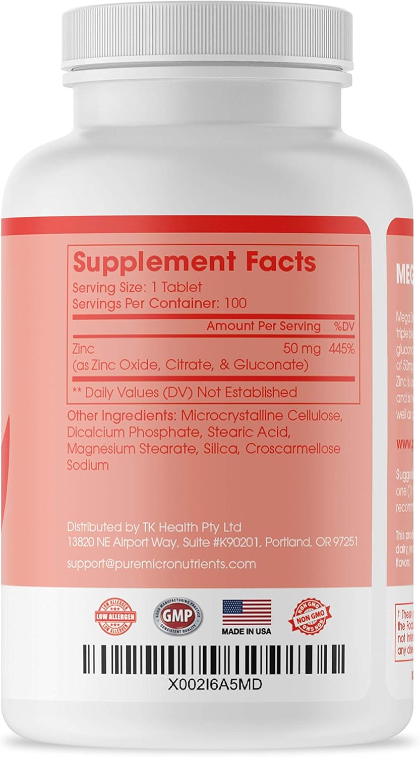 High Potency 50mg Mega Zinc Supplement - 100 Tablets, 3-in-1 Zinc Complex by Pure Micronutrients