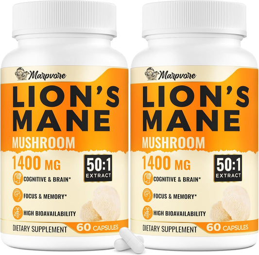 High Potency 70,000mg Lions Mane Supplement Capsules - Improved Memory, Focus, Energy - 120 Capsules