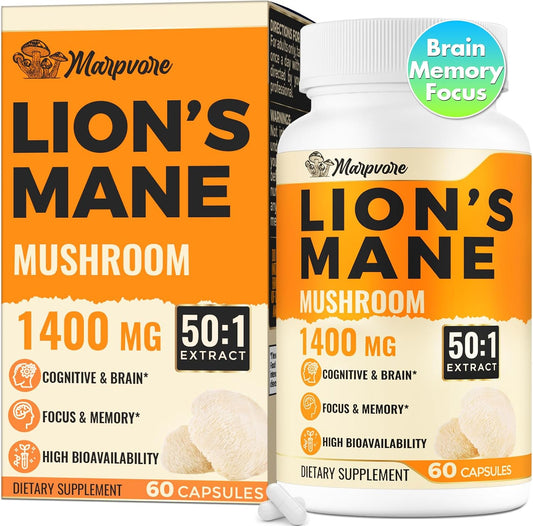 High Potency 70,000mg Lions Mane Supplement Capsules - Boost Memory, Focus, Energy, Mood & Immunity - 60 Capsules