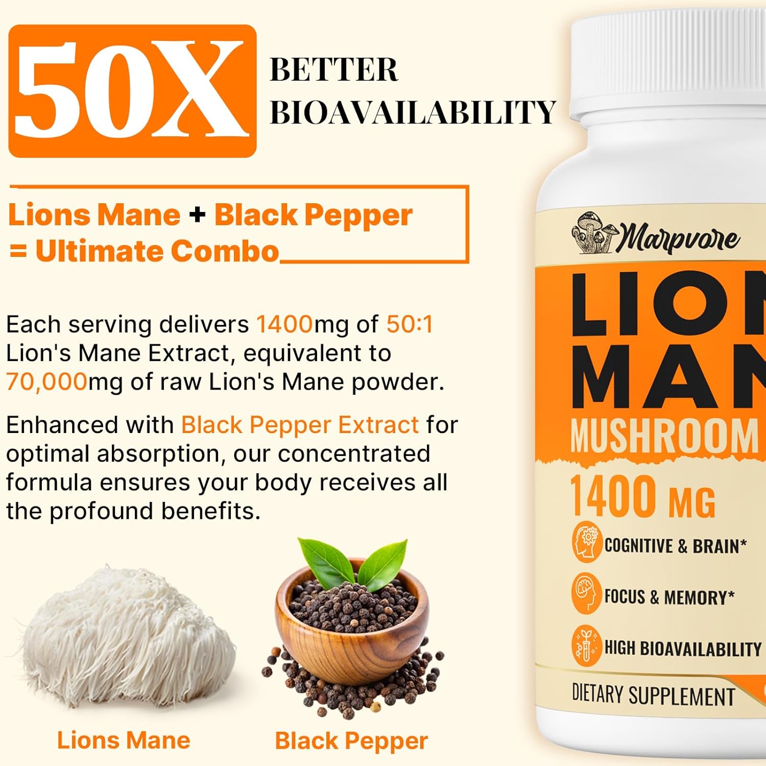 High Potency 70,000mg Lions Mane Supplement Capsules - Boost Memory, Focus, Energy, Mood & Immunity - 60 Capsules