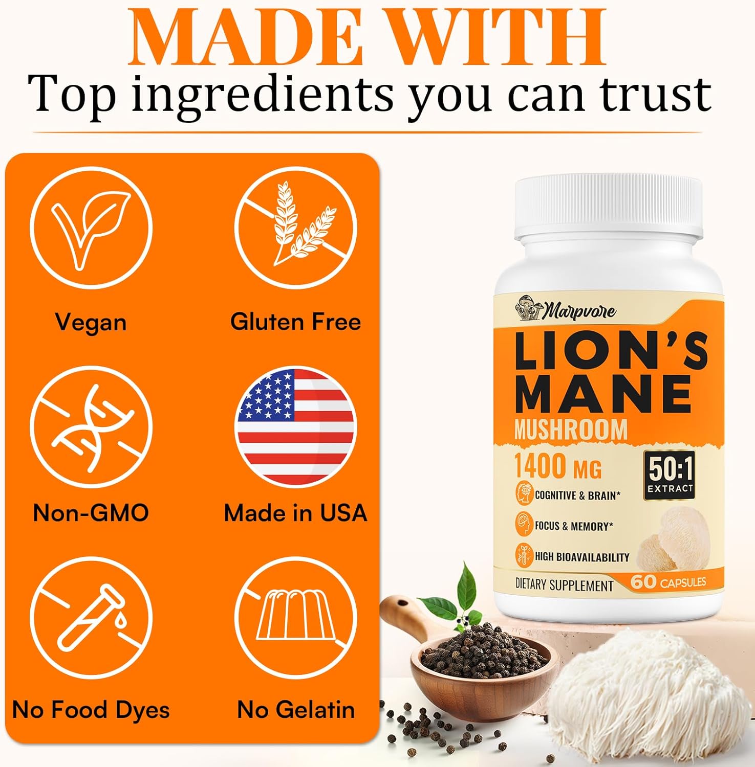 High Potency 70,000mg Lions Mane Supplement Capsules - Boost Memory, Focus, Energy, Mood & Immunity - 60 Capsules