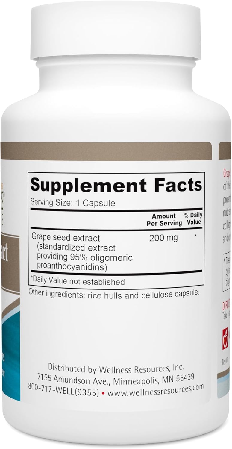 High Potency 95% OPC Grape Seed Extract Supplement for Collagen Integrity, Vein Health, and Immunity - 100 Capsules (200mg)