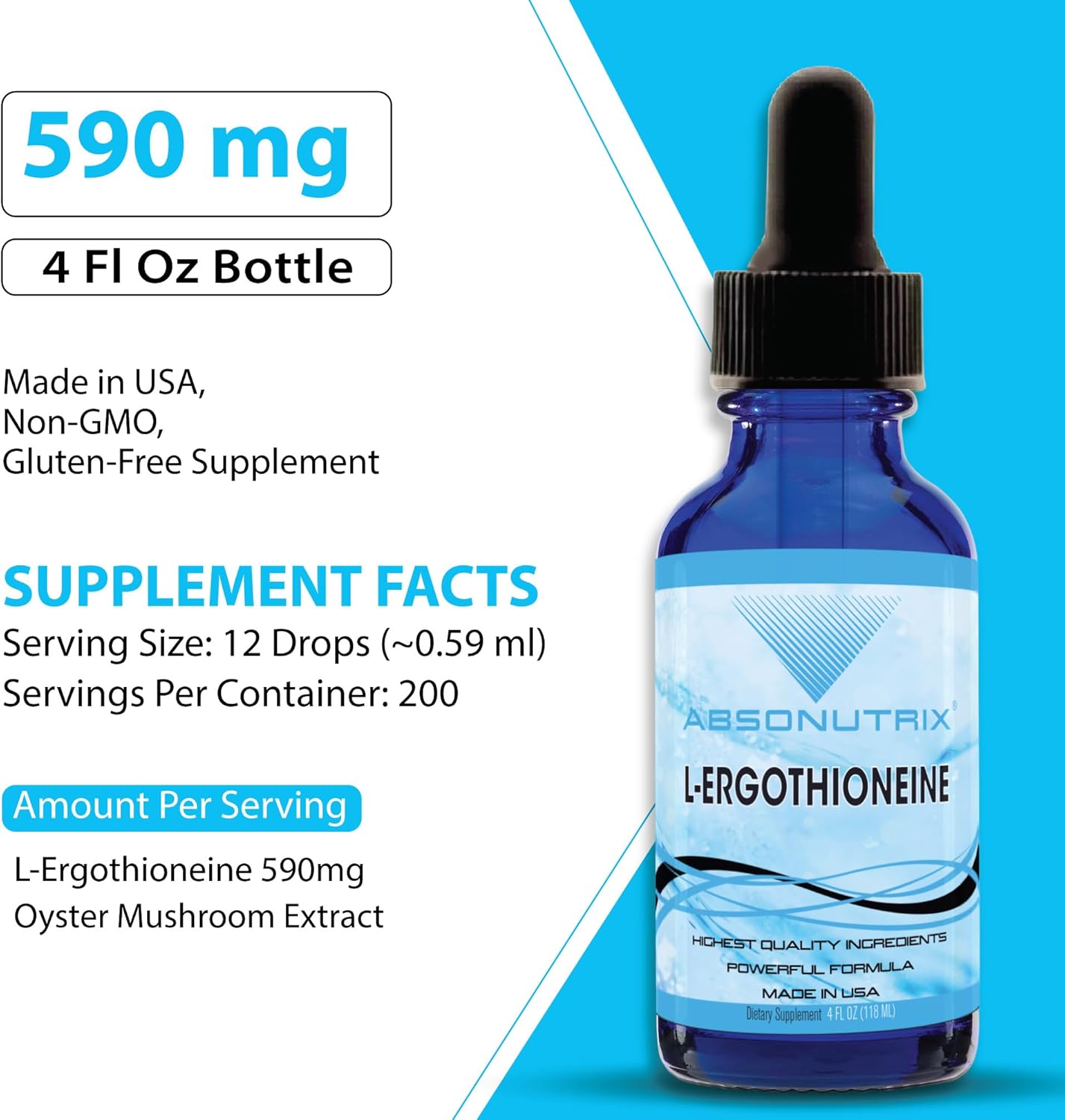 High Potency Absonutrix L-Ergothioneine Liquid Supplement - 590mg, 200 Servings - Made in USA, Quick Absorption - Non-GMO, GMP Certified, Cruelty-Free