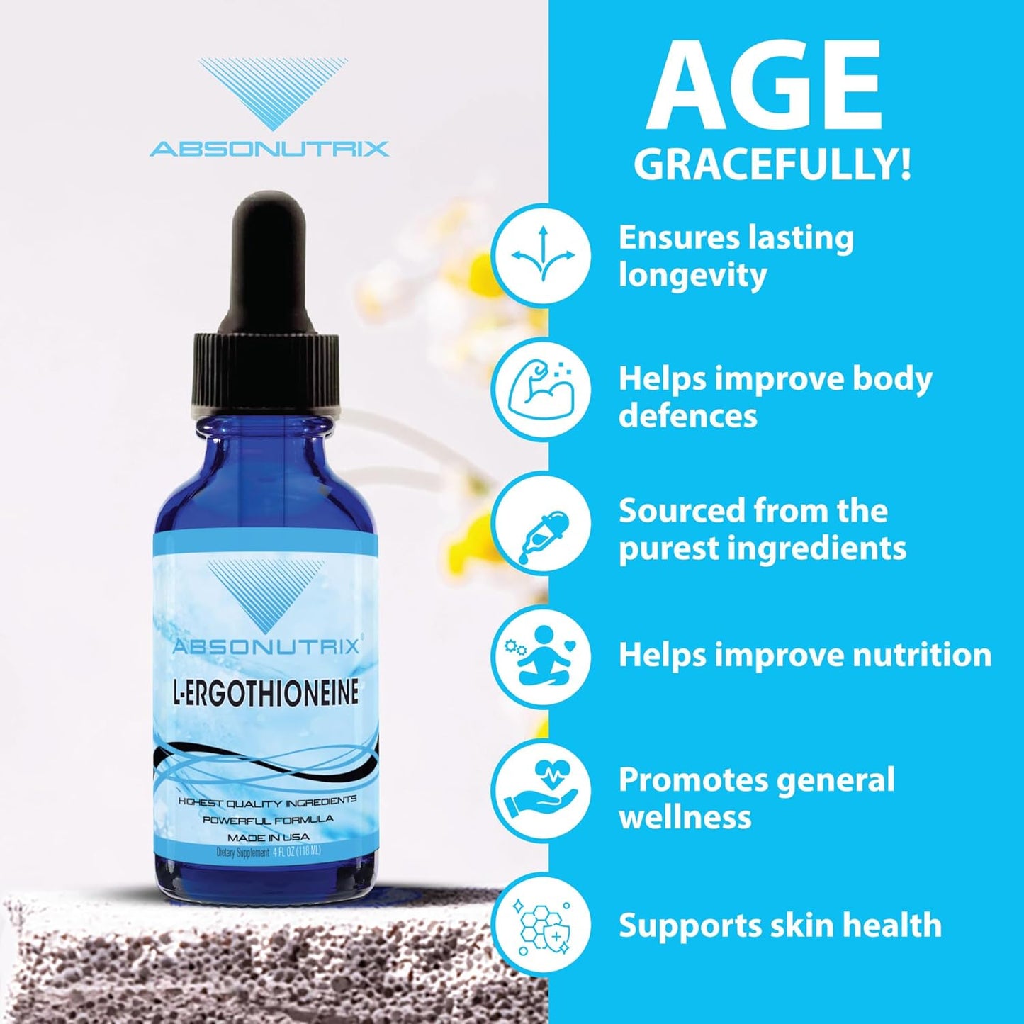 High Potency Absonutrix L-Ergothioneine Liquid Supplement - 590mg, 200 Servings - Made in USA, Quick Absorption - Non-GMO, GMP Certified, Cruelty-Free