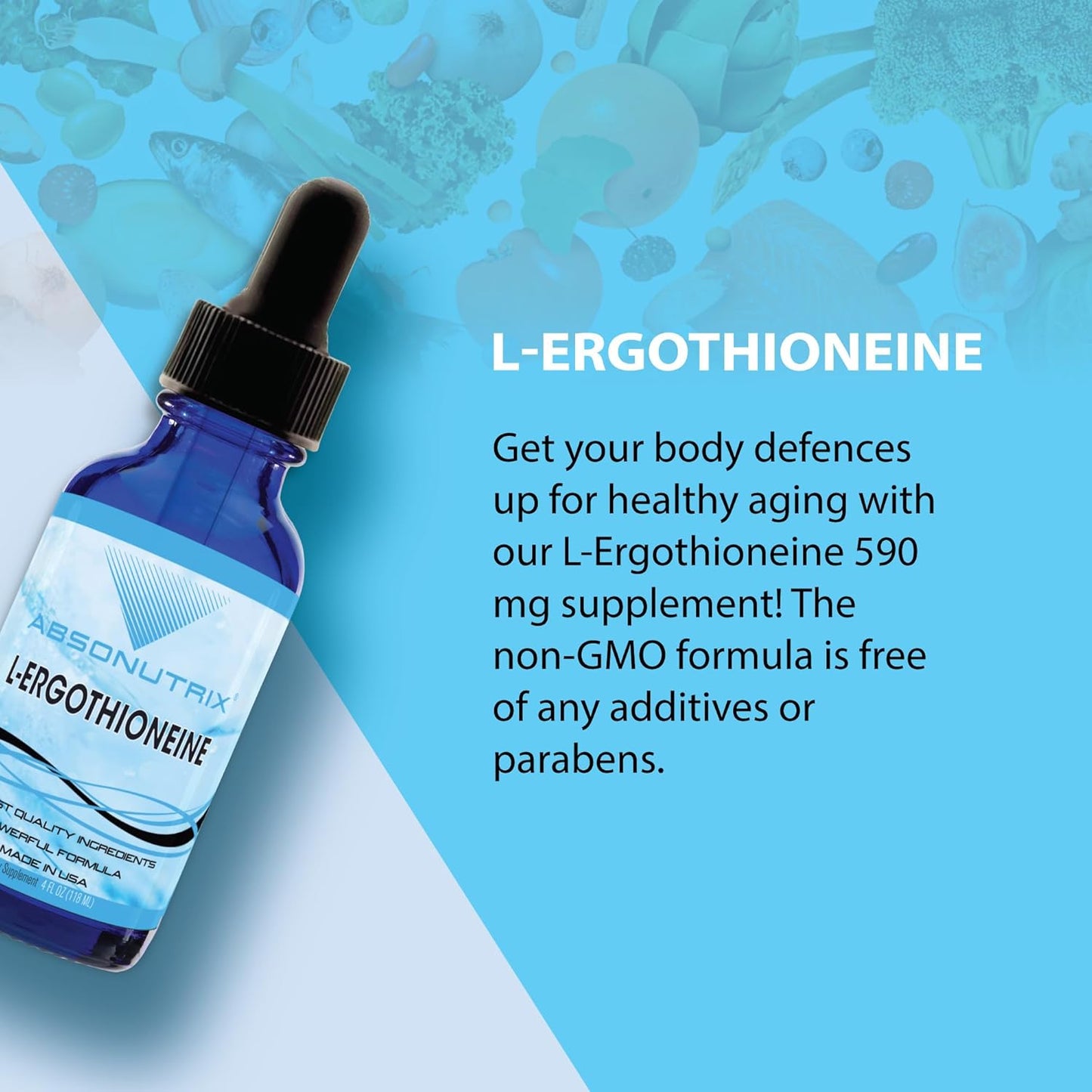 High Potency Absonutrix L-Ergothioneine Liquid Supplement - 590mg, 200 Servings - Made in USA, Quick Absorption - Non-GMO, GMP Certified, Cruelty-Free