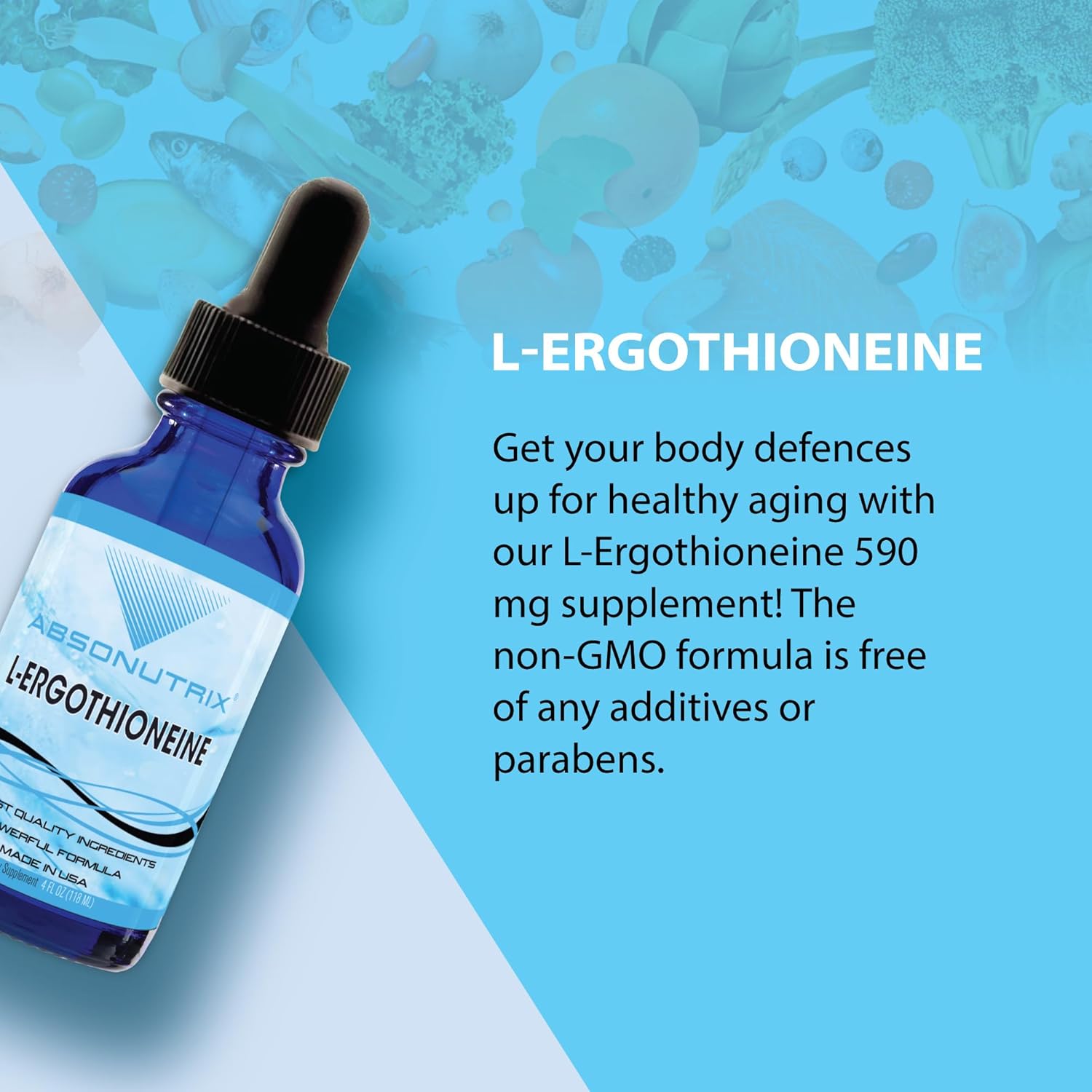 High Potency Absonutrix L-Ergothioneine Liquid Supplement - 590mg, 200 Servings - Made in USA, Quick Absorption - Non-GMO, GMP Certified, Cruelty-Free