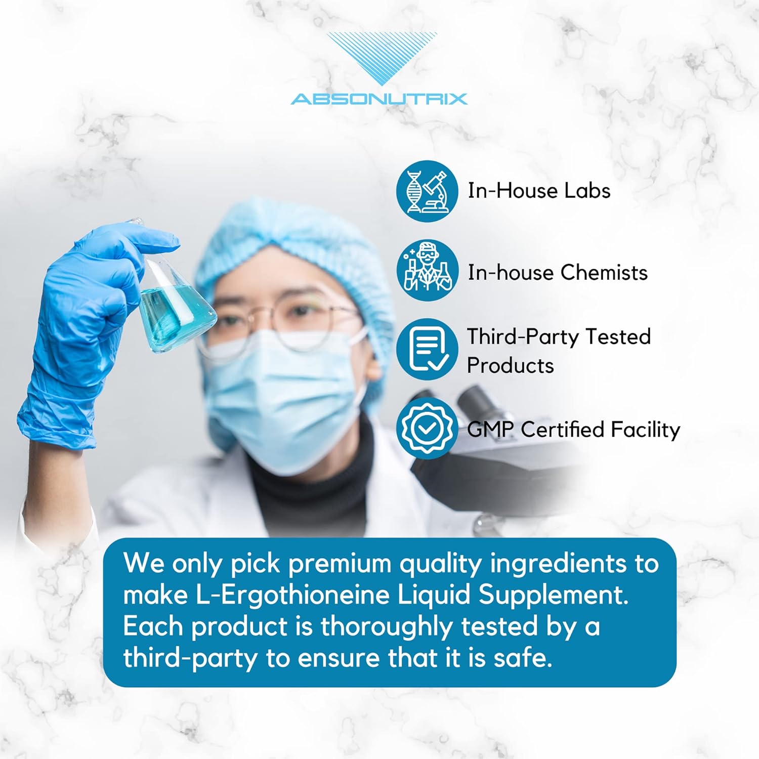 High Potency Absonutrix L-Ergothioneine Liquid Supplement - 590mg, 200 Servings - Made in USA, Quick Absorption - Non-GMO, GMP Certified, Cruelty-Free